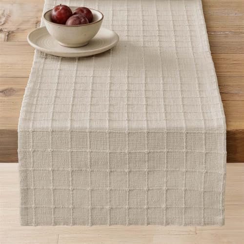 ZeeMart Artisanal Grid Linen Table Runner, 13x108 Inches Neutral Beige
