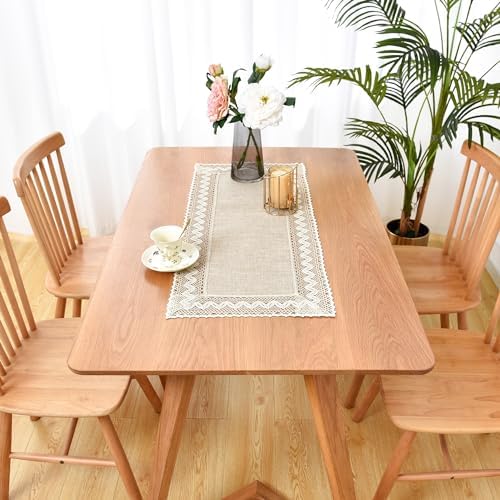 Linen Rustic Farmhouse Style Short Table Runner Beige Lace Basic Flax