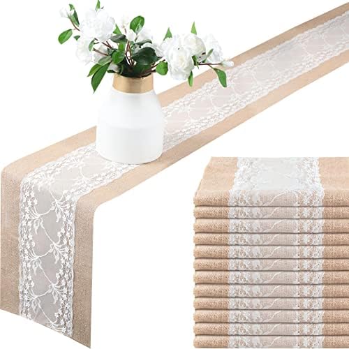 Shimeyao 12 Pcs Burlap Table Runners White Lace 11.8 x 70.9 Inch