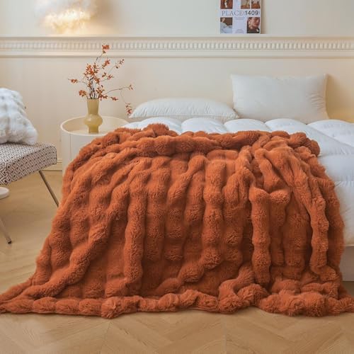 LIFEREVO Luxury Fluffy Faux Rabbit Fur Throw Blanket 60x80, Burnt
