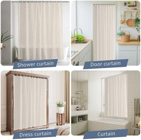 Creamy Solid Shower Curtain with 12 Hooks, Minimalist Tan Linen