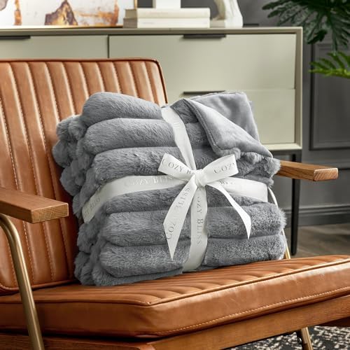 Cozy Bliss Faux Fur Throw Blanket for Couch, Cozy Warm Plush Striped