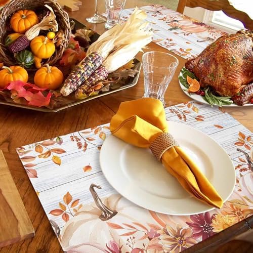 Placemats Set of 8, Thanksgiving Pumpkin Retro Plank Washable Table