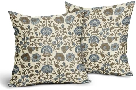 Brown Blue Floral Pillow Covers 22x22 Set of 2, Block Print Vintage