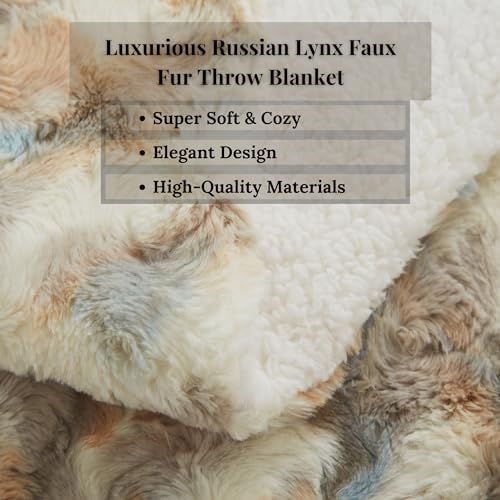 Tache 63 x 90 Super Soft Warm Tan Brown Blue Russian Lynx Faux Fur