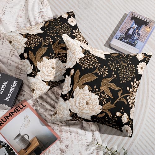 Vintage Peony Black Floral Plant Pillow Covers 20X20 Inch Set of 2
