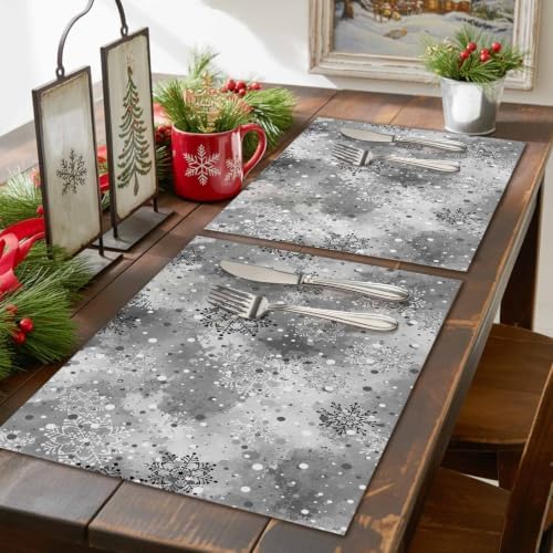 Grey Christmas Placemats Set of 8, Cotton Linen Fabric Place Mats