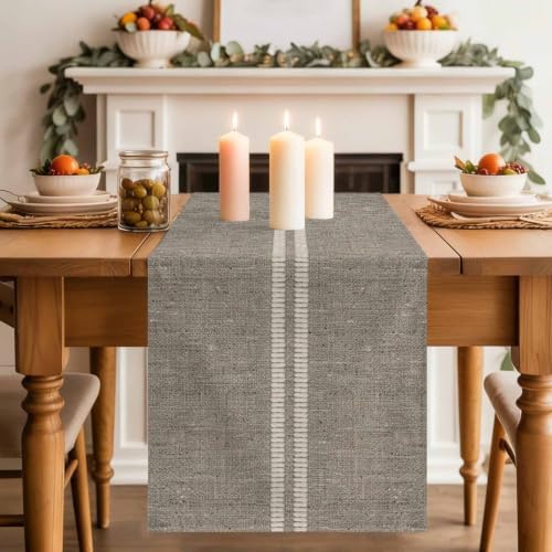 Cream Grain Line Table Runner, Soft Taupe Woven Canvas Style Romantic