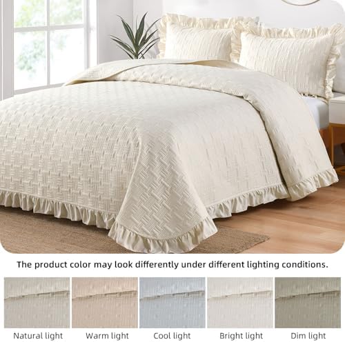 DJY King Size Quilt Bedding Sets, Beige Ruffled Bedspread Coverlet
