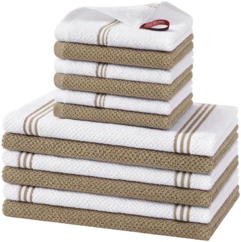 Homaxy Dual Design Kitchen Towels and Dishcloths Set, 12 Pack, Khaki