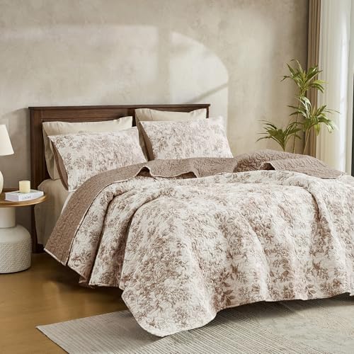 Wonderful - Taupe Floral Quilt King Size, 3-Piece Breathable Cotton
