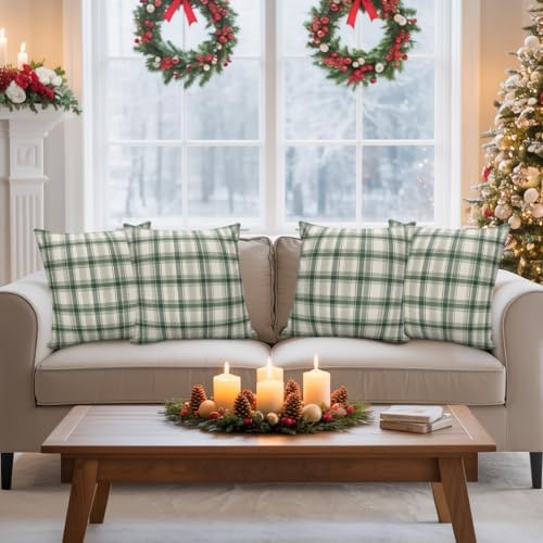 Throw Pillow Covers 18x18in Set of 2, Vintage Sage Green Plaid Outdoor