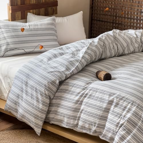 LifeTB Retro Striped Duvet Cover Set Full - 3 Piece Vintage White Grey