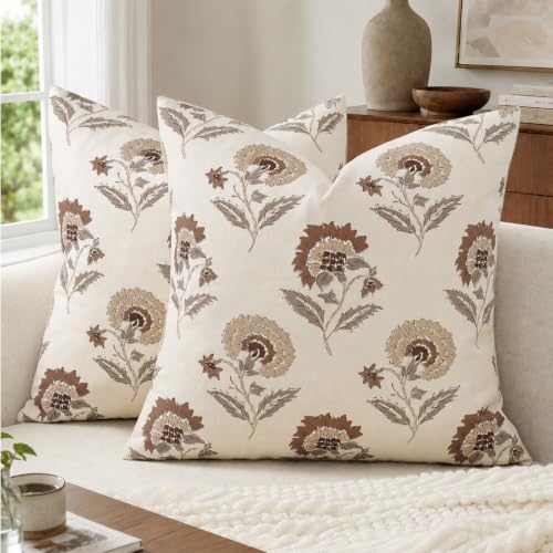 Vintage Throw Pillow Covers 20x20 Set of 2, Cotton Floral Pillow Cover