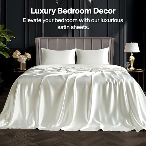 BEDELITE Satin Sheets Full Size Bed Set, Ivory White, 4 Pieces