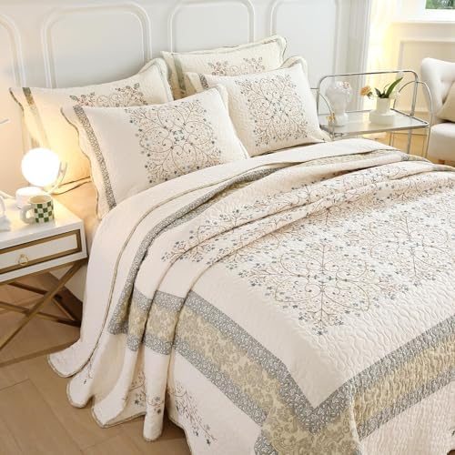 vctops Elegant Embroidered Quilt Set Farmhouse Patchwork Reversible
