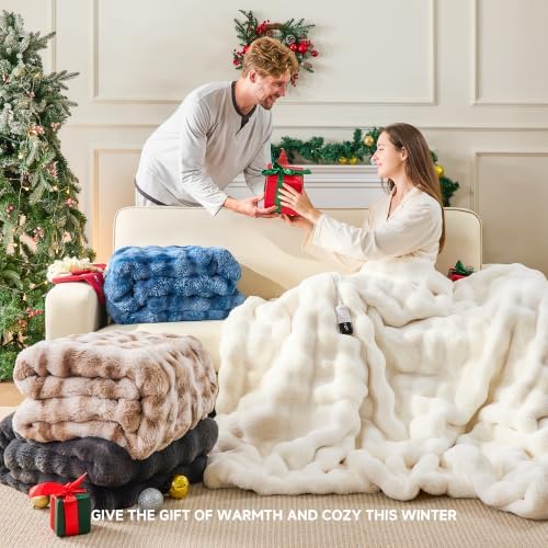 Faux Fur Cozy Heated Blanket King Size,Cream,90"x100"