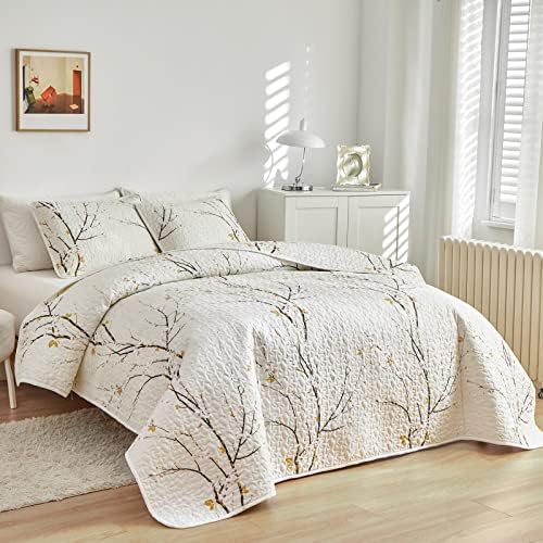 Quilt Set King Size Cream White with Black Branch Bedding Set 88x88