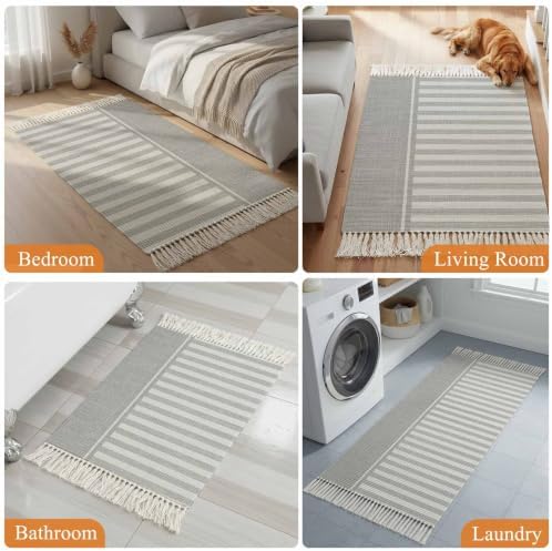 Gray Striped Hallway Runner Rug 2'x5', Boho Stripes Minimalist Vintage