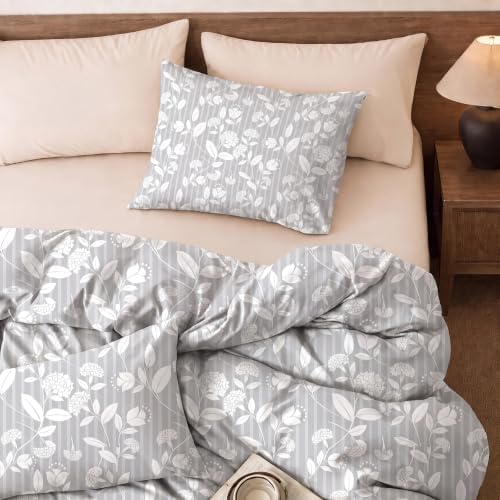 Gray Floral Duvet Cover Set King Size, Light Gray Leaf Floral Stripe