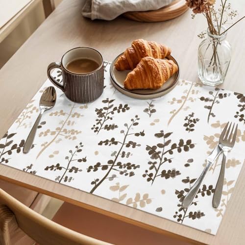 Placemats Set of 8, Brown Beige Botanical Woven Placemat, Linen Place