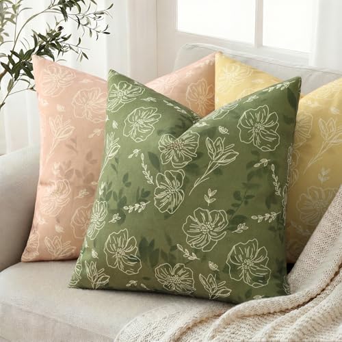 decorUhome Floral Faux Linen Throw Pillow Covers 22x22 Set of 2 Olive