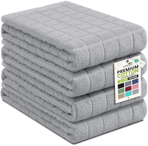 Kitinjoy Premium Cotton Check Kitchen Towels 4 Pack, 16" x 28", Light
