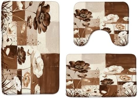 3Pcs Abstract Brown Beige Flower Bath Mat Sets,XXXL