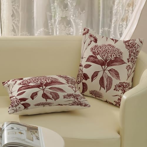 Burgundy Red Pillow Covers 18x18 Inch 2 Pcs Boho Vintage Floral Decor