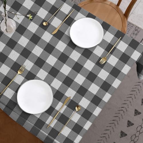 Buffalo Plaid Linen Tablecloth Grey and White Checkered Modern Classic