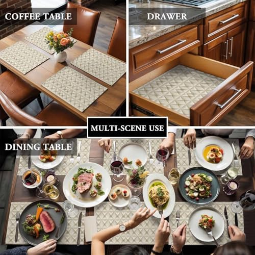 Beige Geometric Placemats Set of 4, Cotton Linen Fabric Place Mats