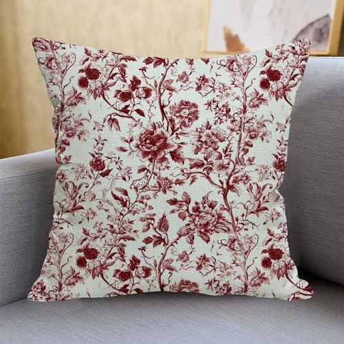Spring Vintage Burgundy Red Floral Throw Pillow Covers 18x18 Set of 2