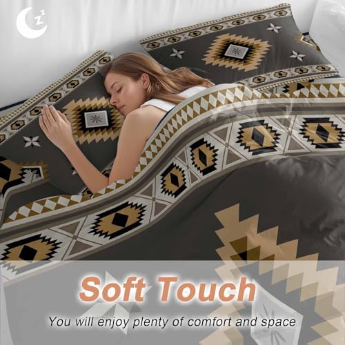 Gray Brown Boho Duvet Cover Set, Vintage Farmhouse Abstract Ethnic