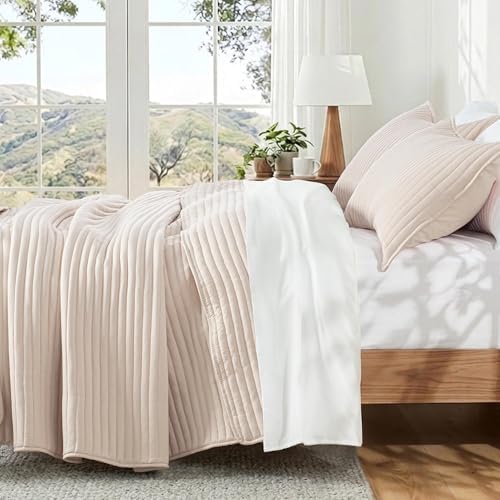 Exclusivo Mezcla Stripe Quilted Twin Quilt Bedding Set, Beige Cream