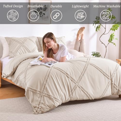 MILDLY Boho Duvet Cover Beige - Tufted Comforter Cover Set Geometric
