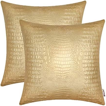 BRAWARM Gold Faux Leather Pillow Covers 20x20, Embossed Crocodile