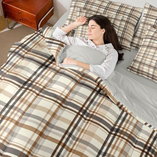Castle Fairy Neutral Plaid 7pcs Comforter Set Twin Size,Earthy Cream