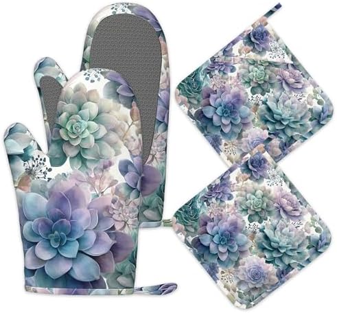 Succulent Botanical Floral Oven Mitts and Pot Holders Sets of 4, Heat