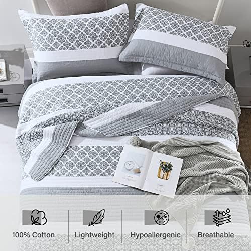 PERHOM 100% Cotton Queen Quilt Set, Bluish Gray Striped Bedding