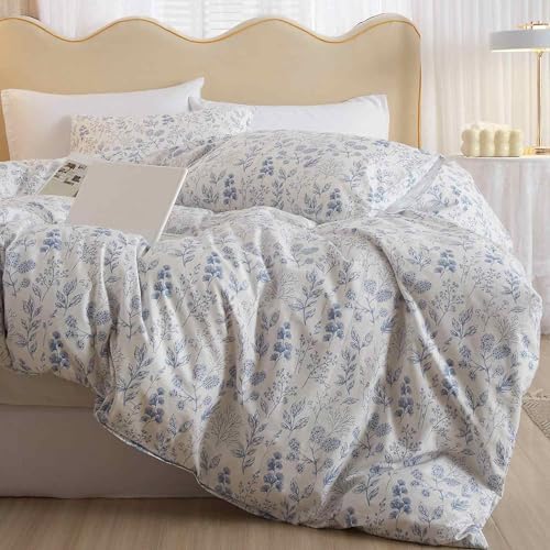Nanko Floral Duvet Cover Set Queen Size, Blue and White Flower Leaf