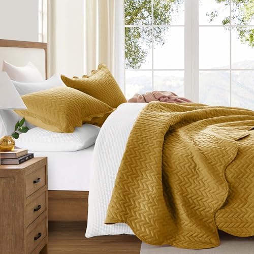 MOONLIGHT20015 King Quilt Bedding Set Ochre Bedspread Coverlet