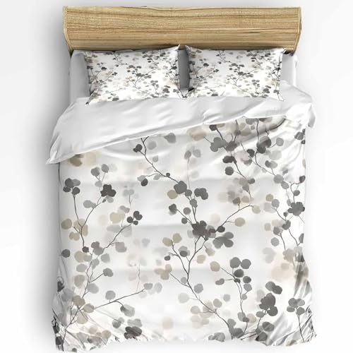 Duvet Cover Set Full, Gray Brown Botanical Watercolor 3 Piece Bedding