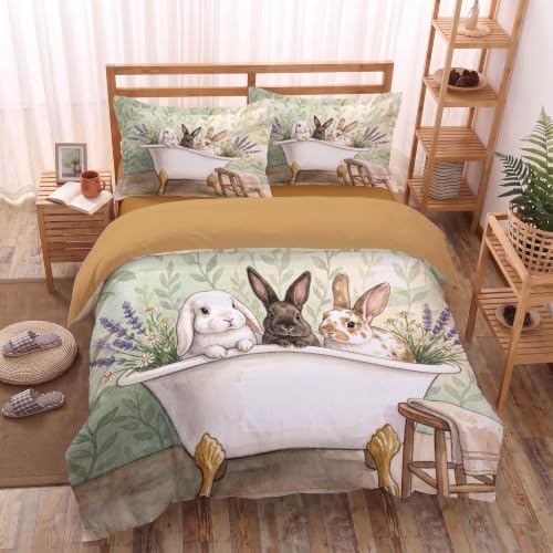 Sage Green Retro Bathtub Rabbit Duvet Cover Set for Women Girls 3 Pcs