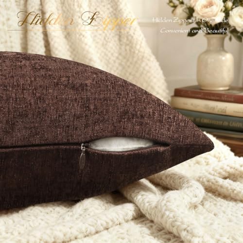 BRAWARM Chenille Throw Pillow Covers 20x20 Inches, Coffee, Pack of 2