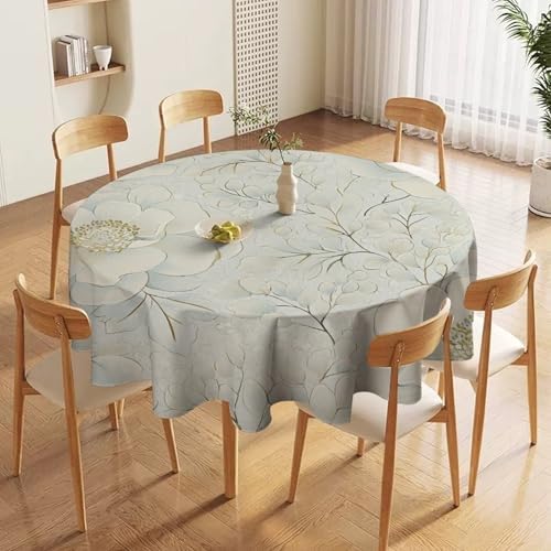 Round Tablecloth Minimalist Flower Petal, Washable Beige Leaf Garden