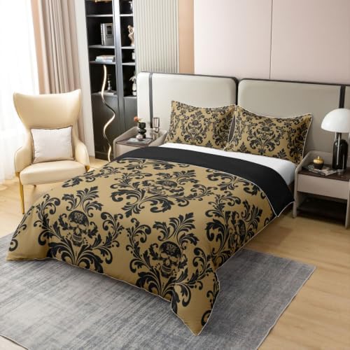 Castle Fairy Damask Skull 100% Cotton Duvet Cover Set Neutral Vintage