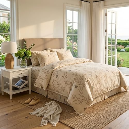 FADFAY Beige 100% Brushed Cotton Vintage Botanical Duvet Cover Queen