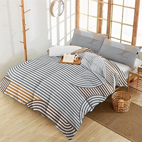 Duvet Cover Set Queen, Grey Stripes Abstract Geometric 3 Piece Bedding