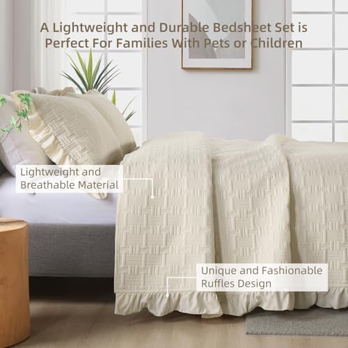 DJY King Size Quilt Bedding Sets, Beige Ruffled Bedspread Coverlet
