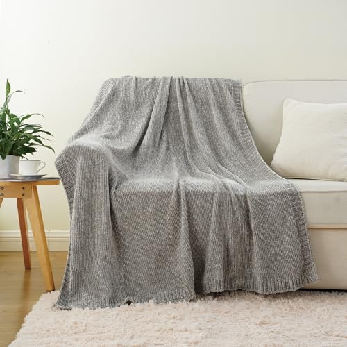 Chenille Throw Blanket for Couch Sofa, Light Grey Throw Blanket